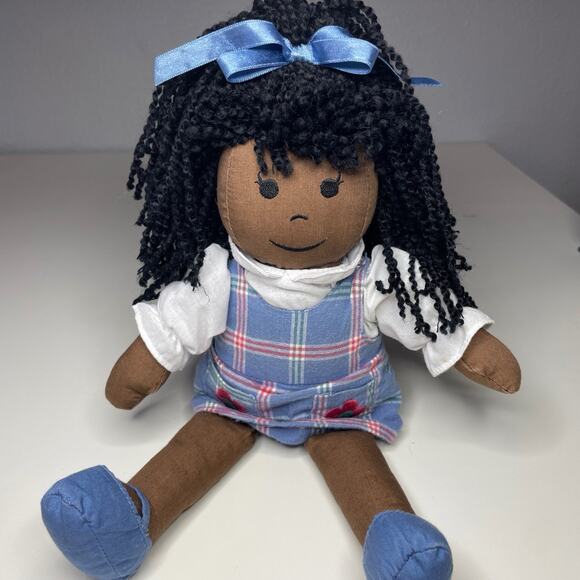 Vintage Baby Gap Girl Doll Black Yarn Hair Blue Denim Dress Flower - No Tags